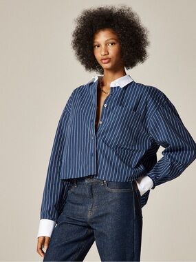 J. Crew Étienne cropped button-up shirt in striped cotton poplin size XXS blue